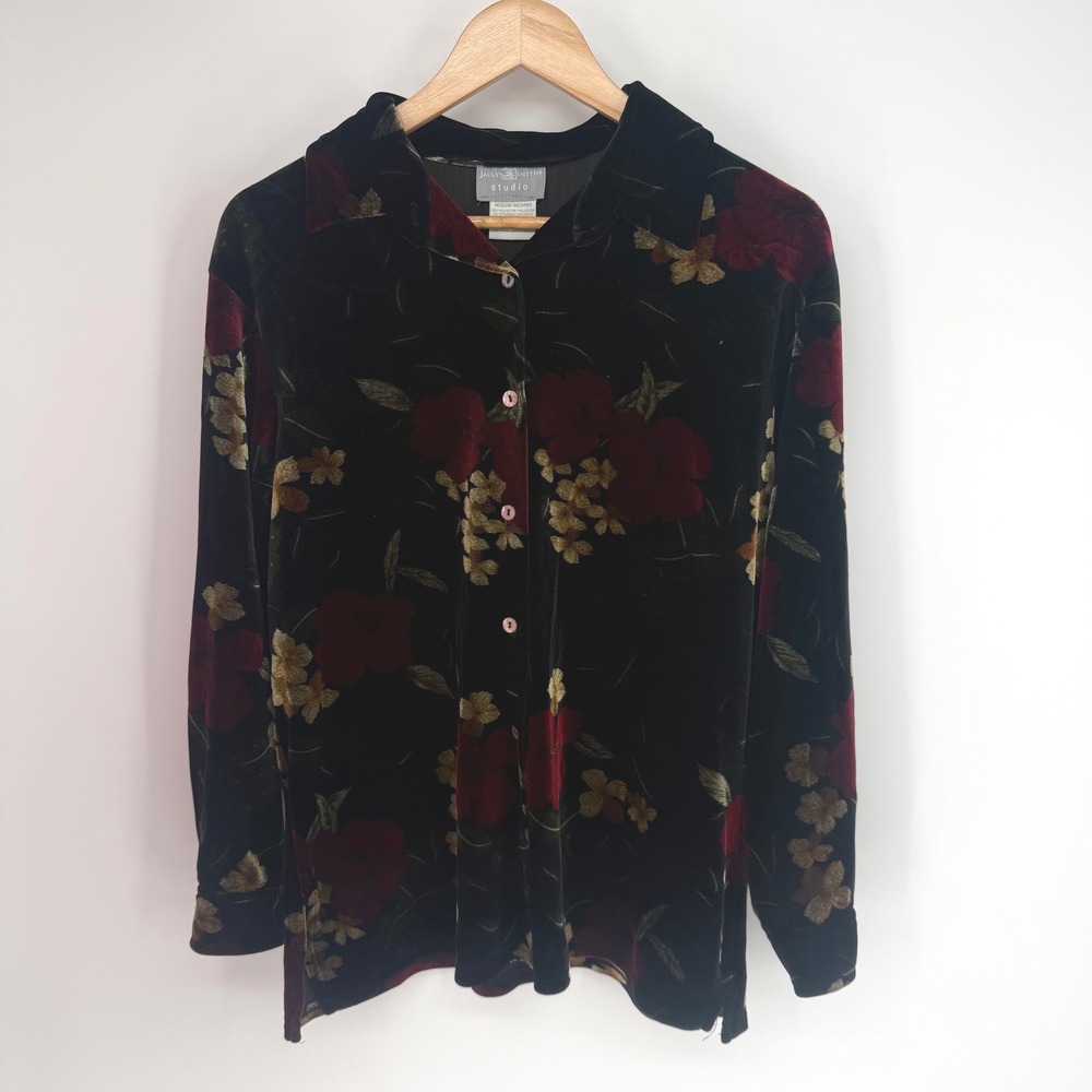 Vintage Velvet Floral USA Made Shirt Shell Buttons Medium Whimsigoth 90's Vamp